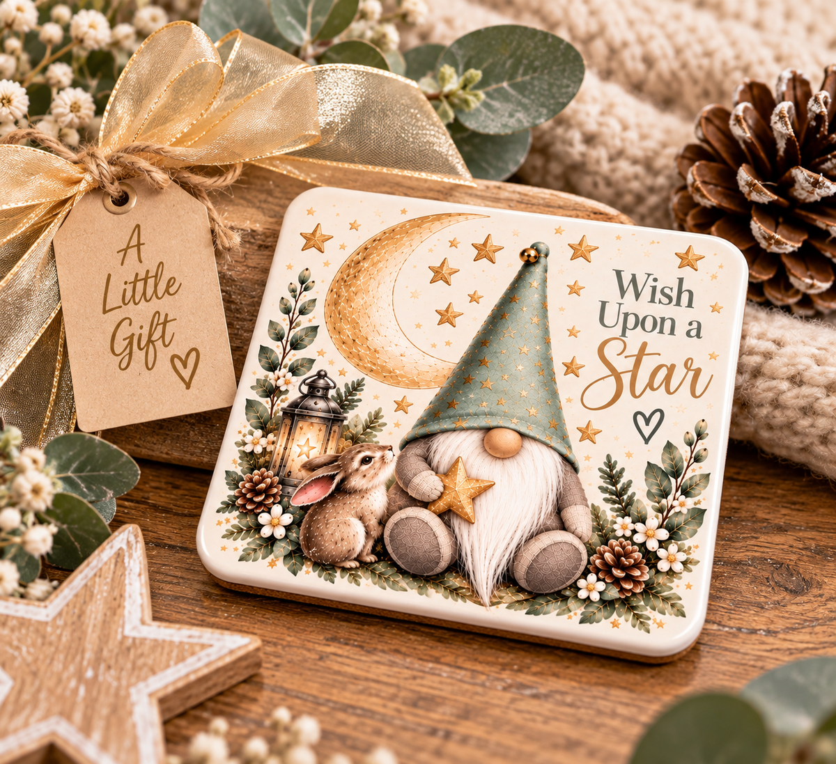 Wish Upon a Star Gnome Ceramic Coaster | 10cm Cork Backed Coaster | Exclusive Forever Gnomes UK Design | Gnome Gift