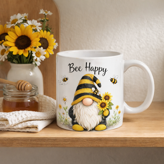 🐝 Bee Happy Gnome Mug – 11oz Ceramic