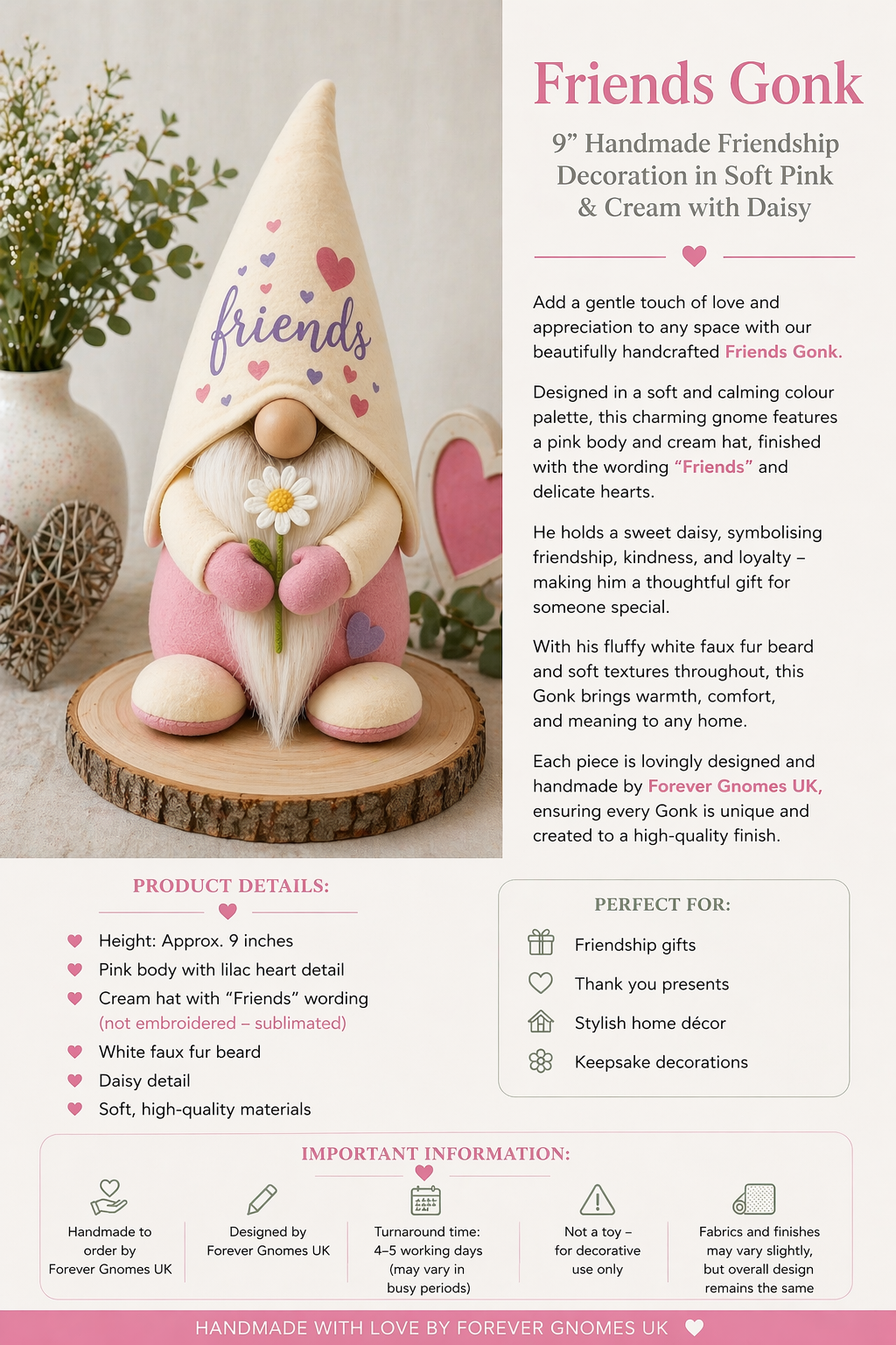 Friends Gonk with Daisy – Handmade Friendship Gift – 9” Decorative Gnome | Forever Gnomes UK
