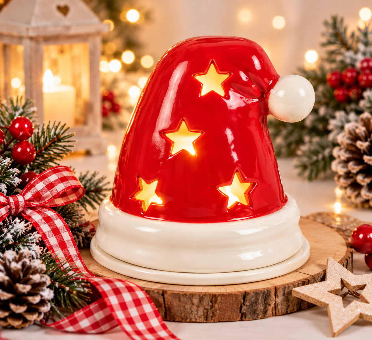 Ceramic Santa Hat Tealight Holder – Red Christmas Candle Holder with Star Cut Outs – Festive Christmas Decoration – Christmas Gift