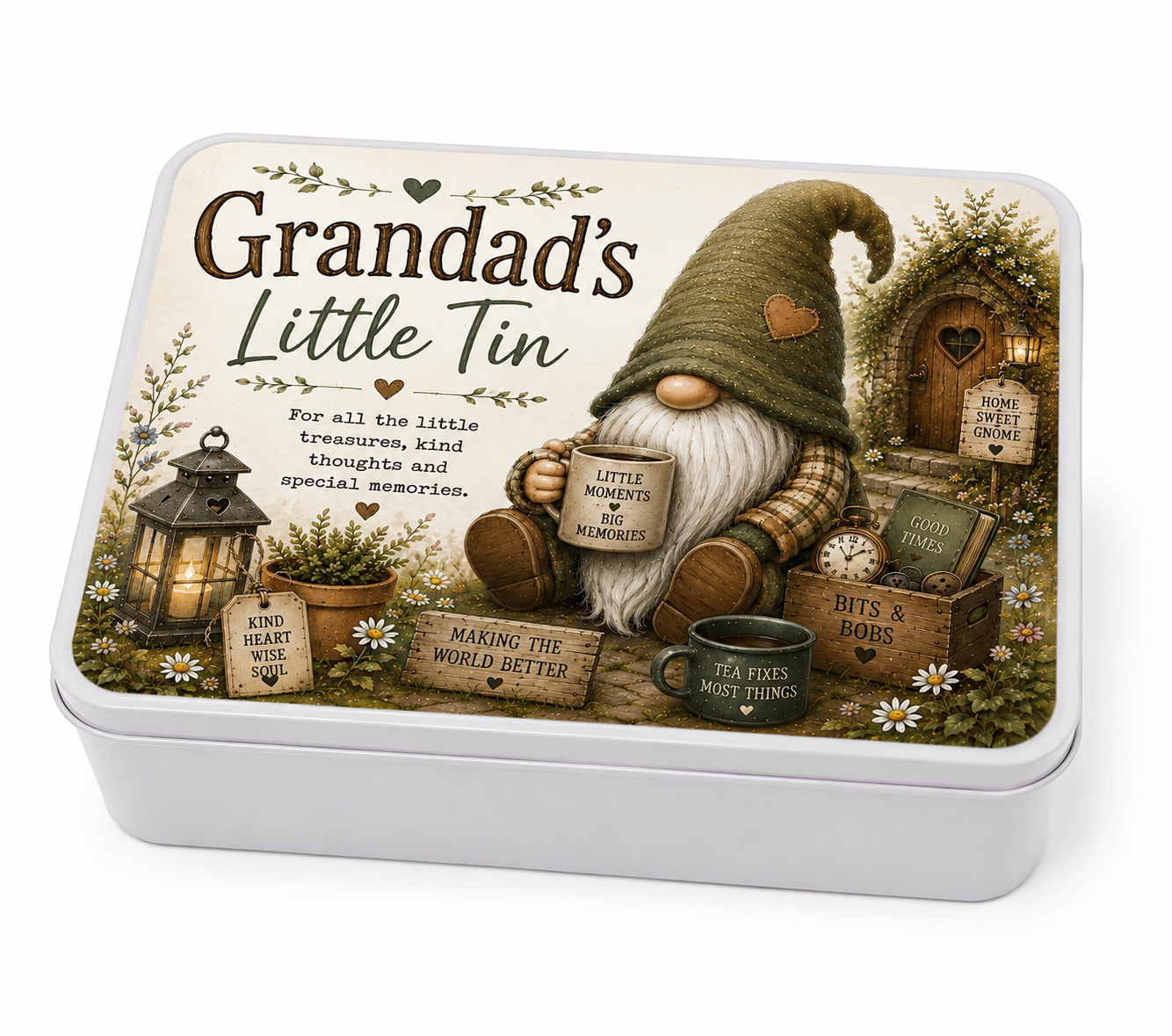 Grandad’s Little Tin – Keepsake Memory Tin | Rustic Gnome Storage Tin | Gift for Grandad | Bits & Bobs Metal Tin