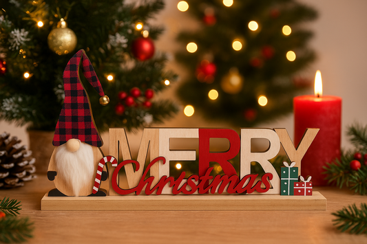 Wooden Merry Christmas Gonk Sign with tartan Hat and Bell, 30 x 4 x 11.5