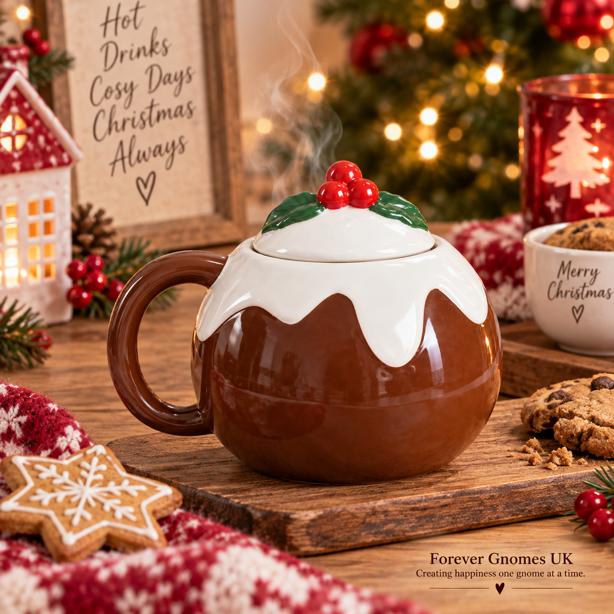 Christmas Pudding Mug with Lid | Ceramic Christmas Mug | Festive Hot Chocolate Cup | Christmas Gift