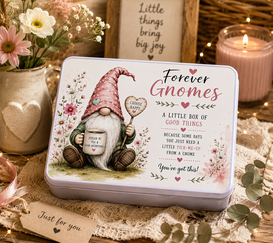 Forever Gnomes “A Little Box of Good Things” Metal Storage Tin | Pink Gonk Keepsake Gift Box