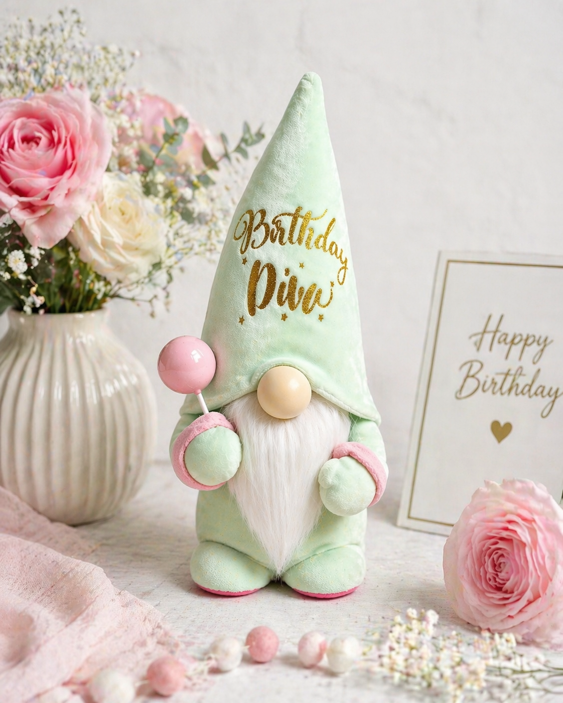 Add a touch of charm and celebration to any birthday with our beautifully handcrafted Birthday Diva Gonk.