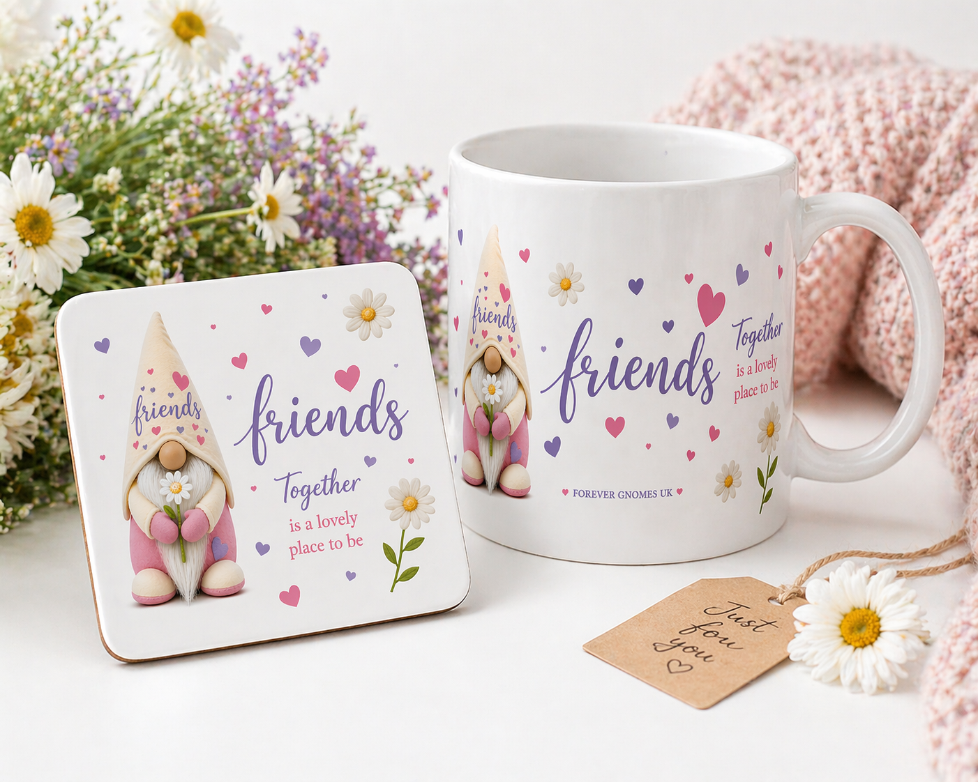 Friends Mug and Coaster Gift Set | Friendship Gift | Gonk Mug | Best Friend Gift | Handmade by Forever Gnomes UK