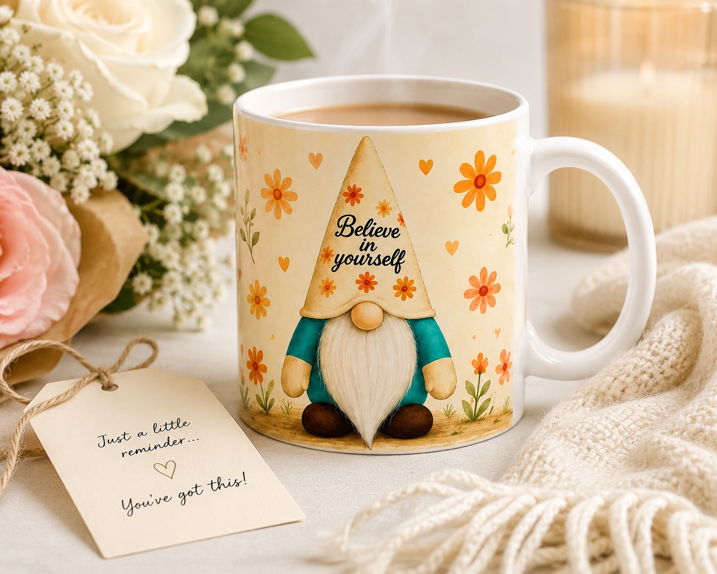 Believe In Yourself Gonk Mug – 11oz Ceramic Inspirational Mug – Floral Gnome Coffee Cup – Handmade by Forever Gnomes UK