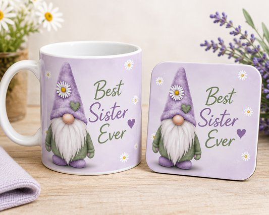 Best Sister Ever Mug & Coaster Gift Set | Sister Gift Idea | Ceramic Gonk Mug | Forever Gnomes UK