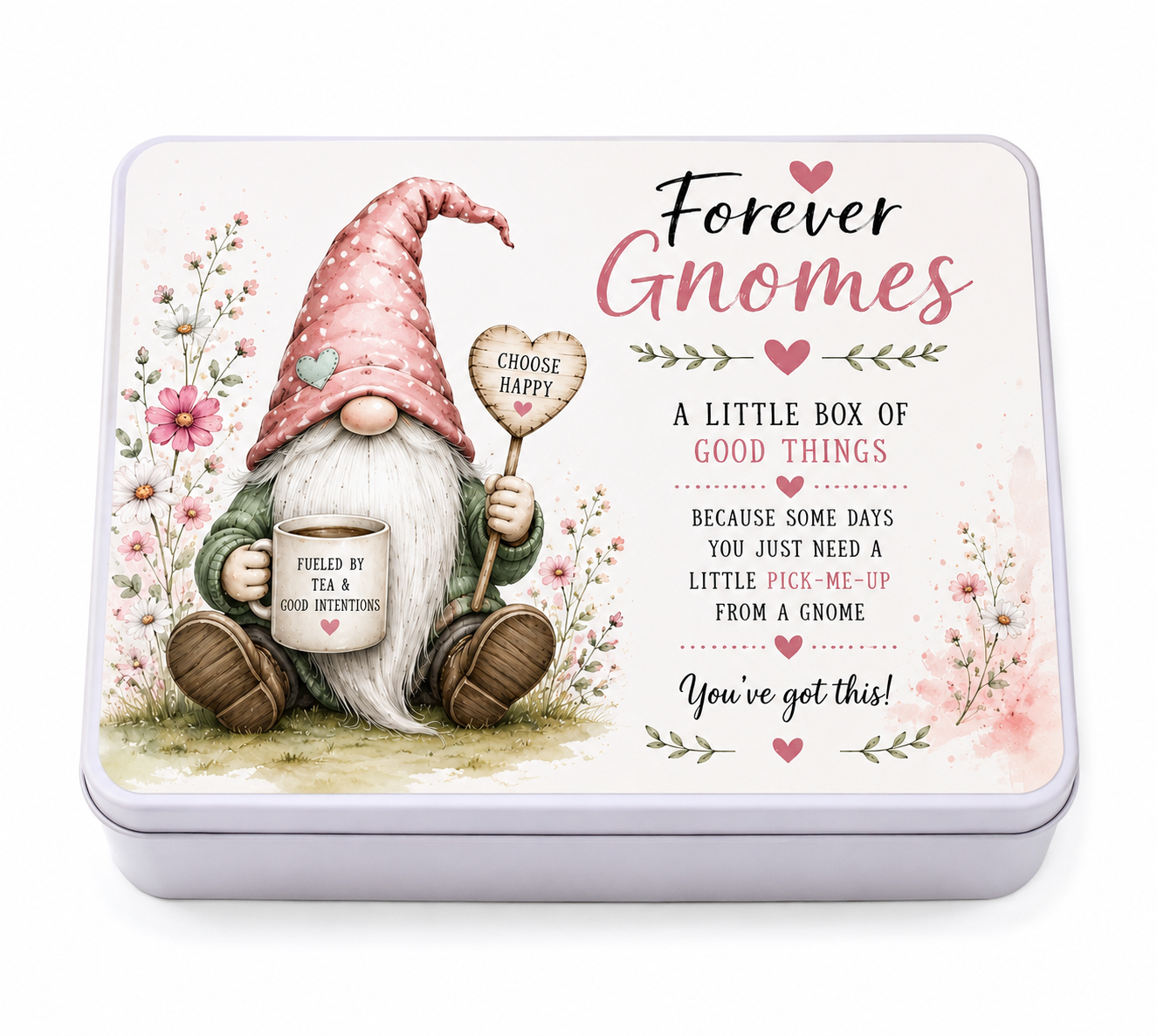 Forever Gnomes “A Little Box of Good Things” Metal Storage Tin | Pink Gonk Keepsake Gift Box