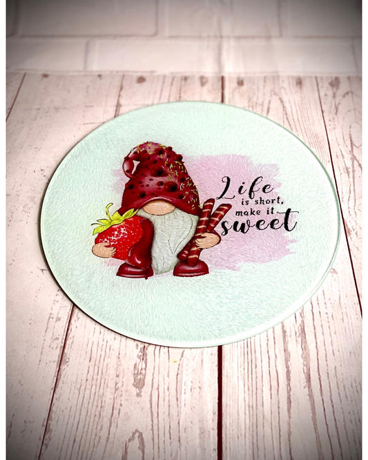 Life is short 20 x 20 Gonk  glass chopping board, Nordic, Gnome, Swedish Tomte