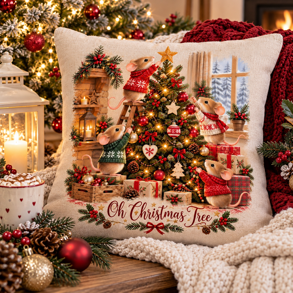 Oh Christmas Tree – Christmas Mice Cushion | Exclusive Forever Gnomes UK Design | Festive Woodland Décor | 40 x 40cm