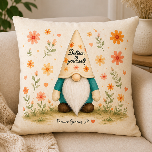Believe In Yourself Gonk Linen Cushion Cover | Floral Motivational Cushion | 40 x 40cm Decorative Cushion | Forever Gnomes UK