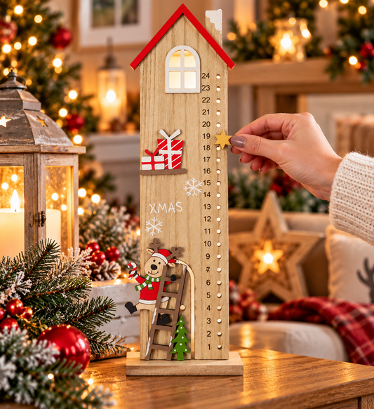 Wooden Reindeer Tall House Advent Calendar – Christmas Countdown Decoration with Moving Star – Festive Reusable Advent Calendar – 35cm