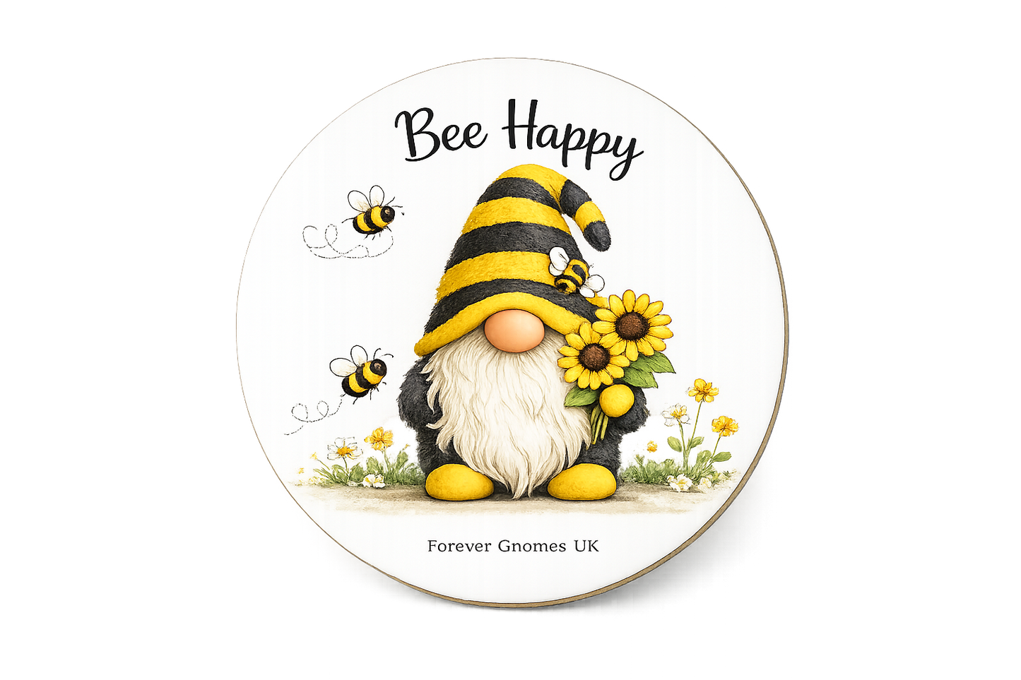 Bee Happy Ceramic Coaster – Sunflower Gonk Design
