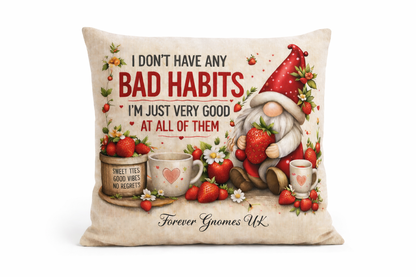 Strawberries & Cream “Bad Habits” Linen Cushion Exclusive to Forever Gnomes UK