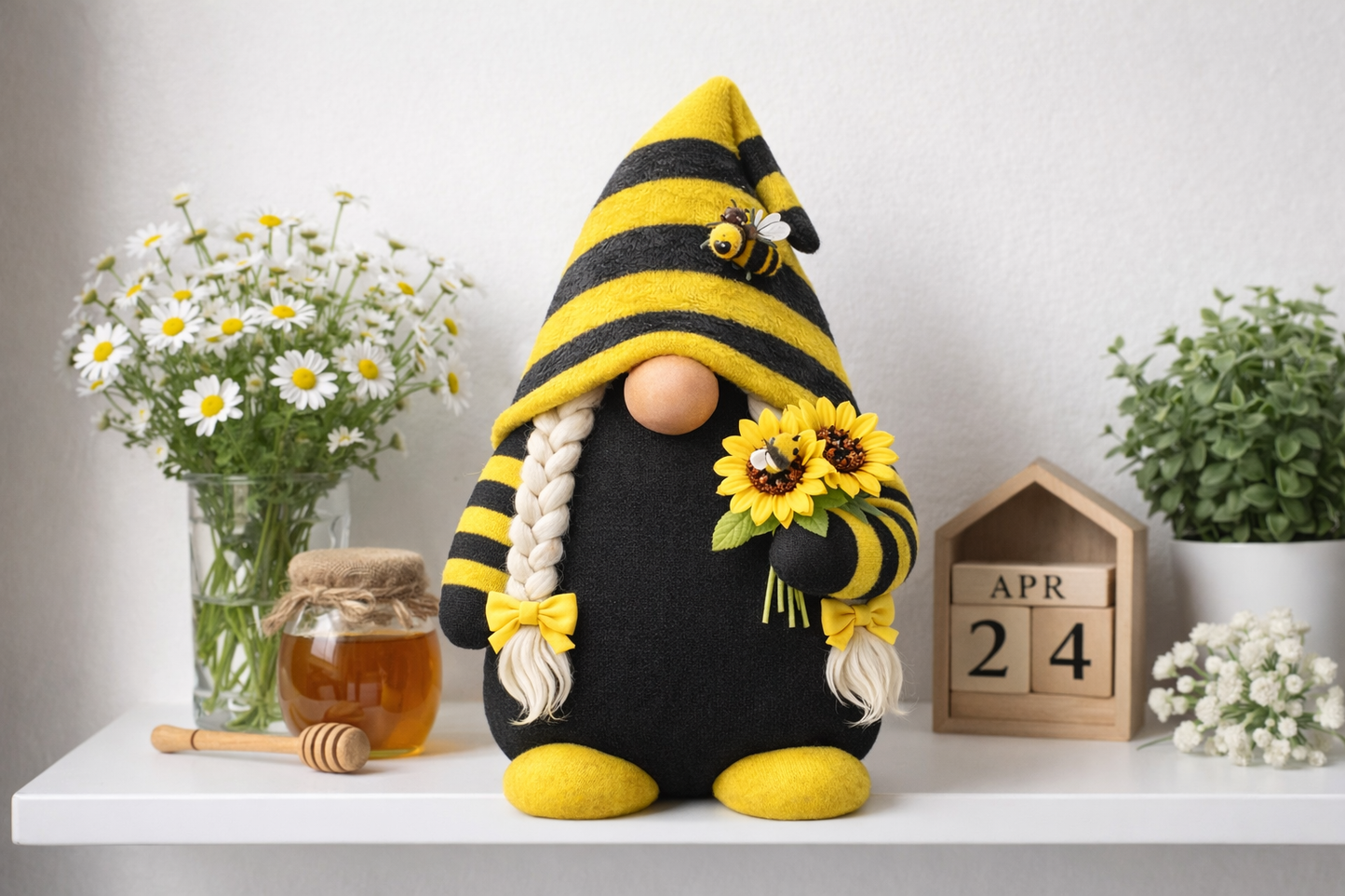 Bee Happy Sunflower Gonk Handmade Bumble Bee Decoration with Sunflowers