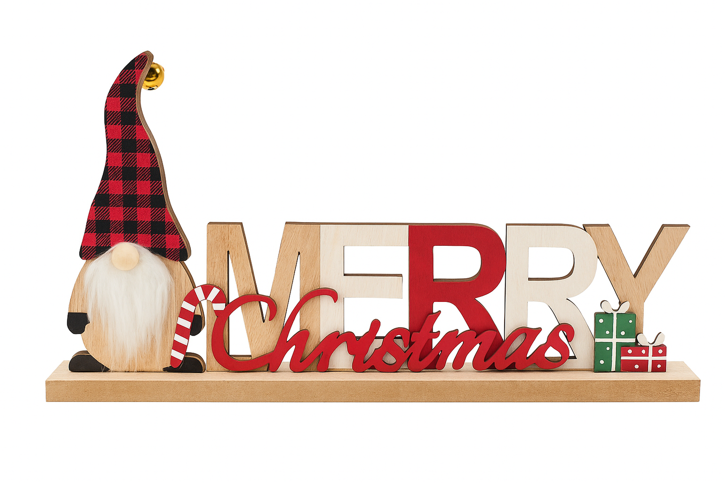Wooden Merry Christmas Gonk Sign with tartan Hat and Bell, 30 x 4 x 11.5