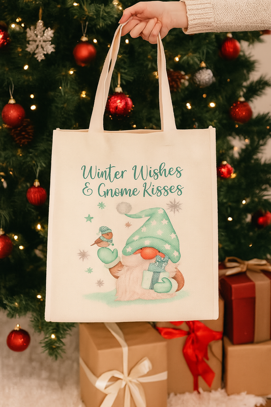 Warm Wishes and Gnome Kisses White Linen Tote Bag, 30 x 30 x 19