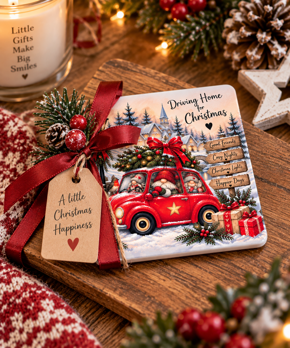 Driving Home for Christmas Gnome Coaster – 10cm Ceramic Christmas Coaster with Cork Back – Exclusive to Forever Gnomes UK