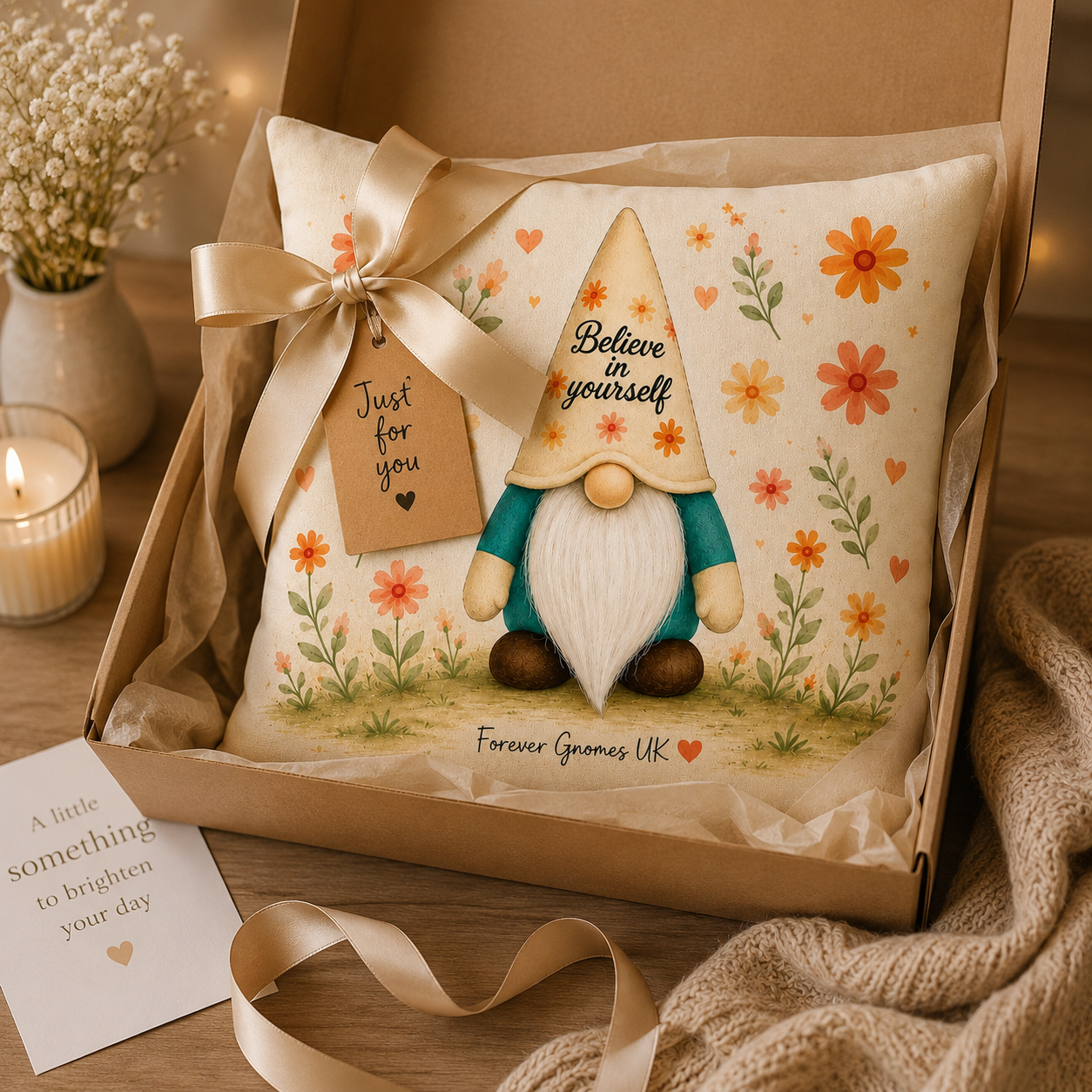 Believe In Yourself Gonk Linen Cushion Cover | Floral Motivational Cushion | 40 x 40cm Decorative Cushion | Forever Gnomes UK