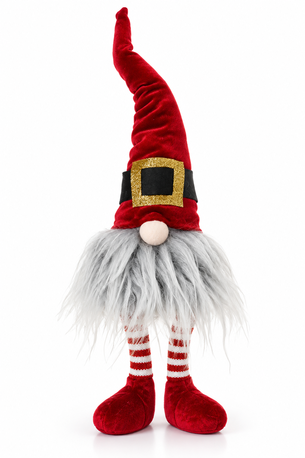 Christmas Gonk with Santa Belt Hat – Red Velvet Christmas Gnome with Striped Legs – Festive Shelf Sitting Decoration – 40cm