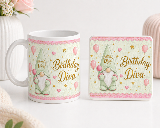 Birthday Diva Gonk Mug & Coaster Gift Set | Cute Birthday Gift for Her | 11oz Mug & Matching Ceramic Coaster | Forever Gnomes UK