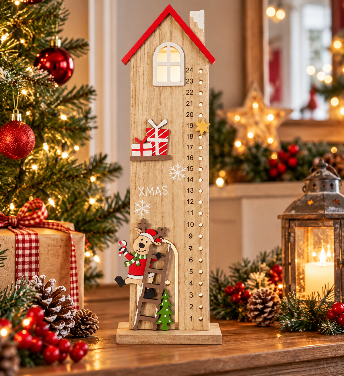 Wooden Reindeer Tall House Advent Calendar – Christmas Countdown Decoration with Moving Star – Festive Reusable Advent Calendar – 35cm