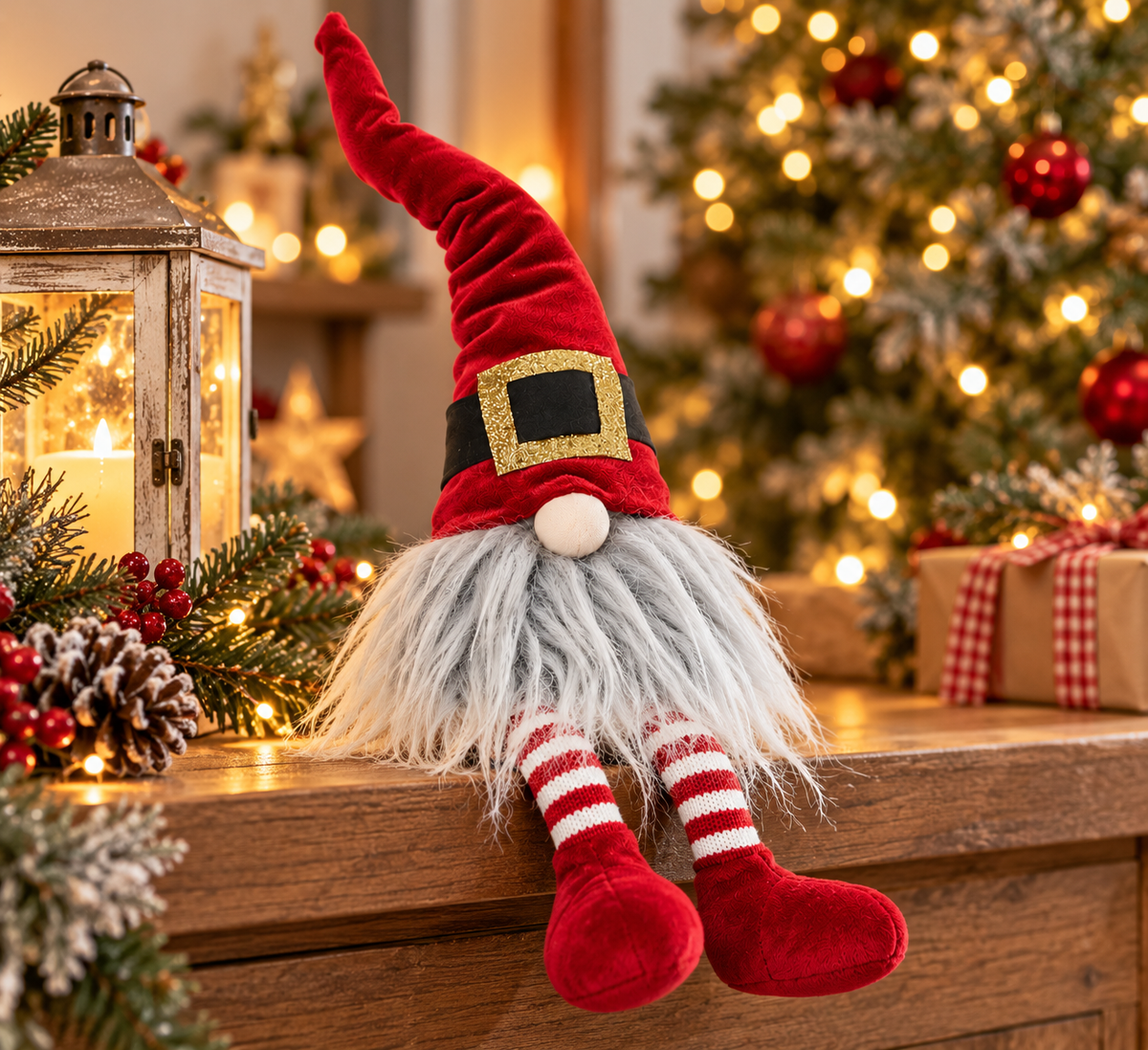 Christmas Gonk with Santa Belt Hat – Red Velvet Christmas Gnome with Striped Legs – Festive Shelf Sitting Decoration – 40cm