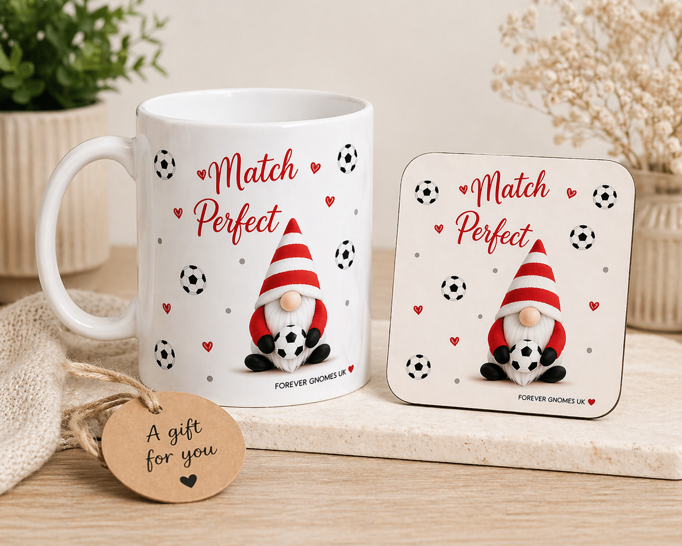 Match Perfect Football Gonk Mug & Coaster Gift Set | Cute Couple Gift | Football Lover Gift | Handmade Ceramic Mug Set | Forever Gnomes UK