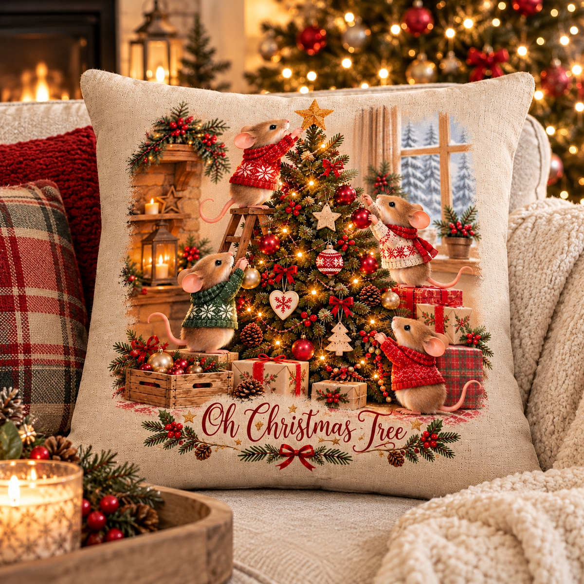 Oh Christmas Tree – Christmas Mice Cushion | Exclusive Forever Gnomes UK Design | Festive Woodland Décor | 40 x 40cm