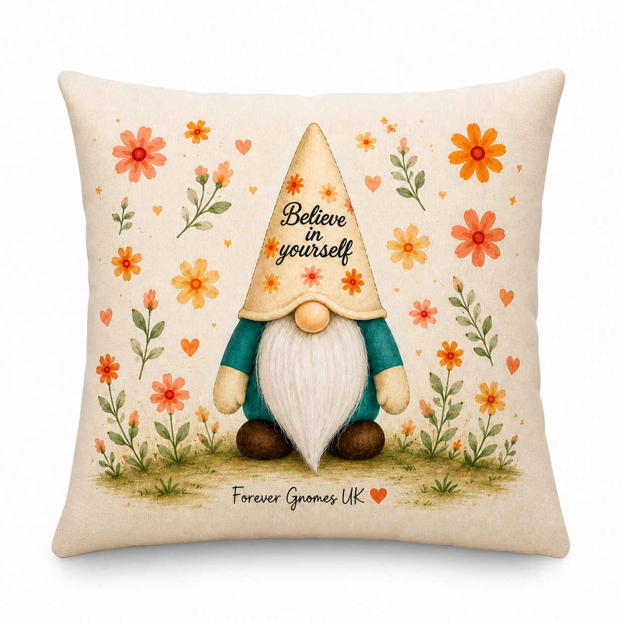 Believe In Yourself Gonk Linen Cushion Cover | Floral Motivational Cushion | 40 x 40cm Decorative Cushion | Forever Gnomes UK