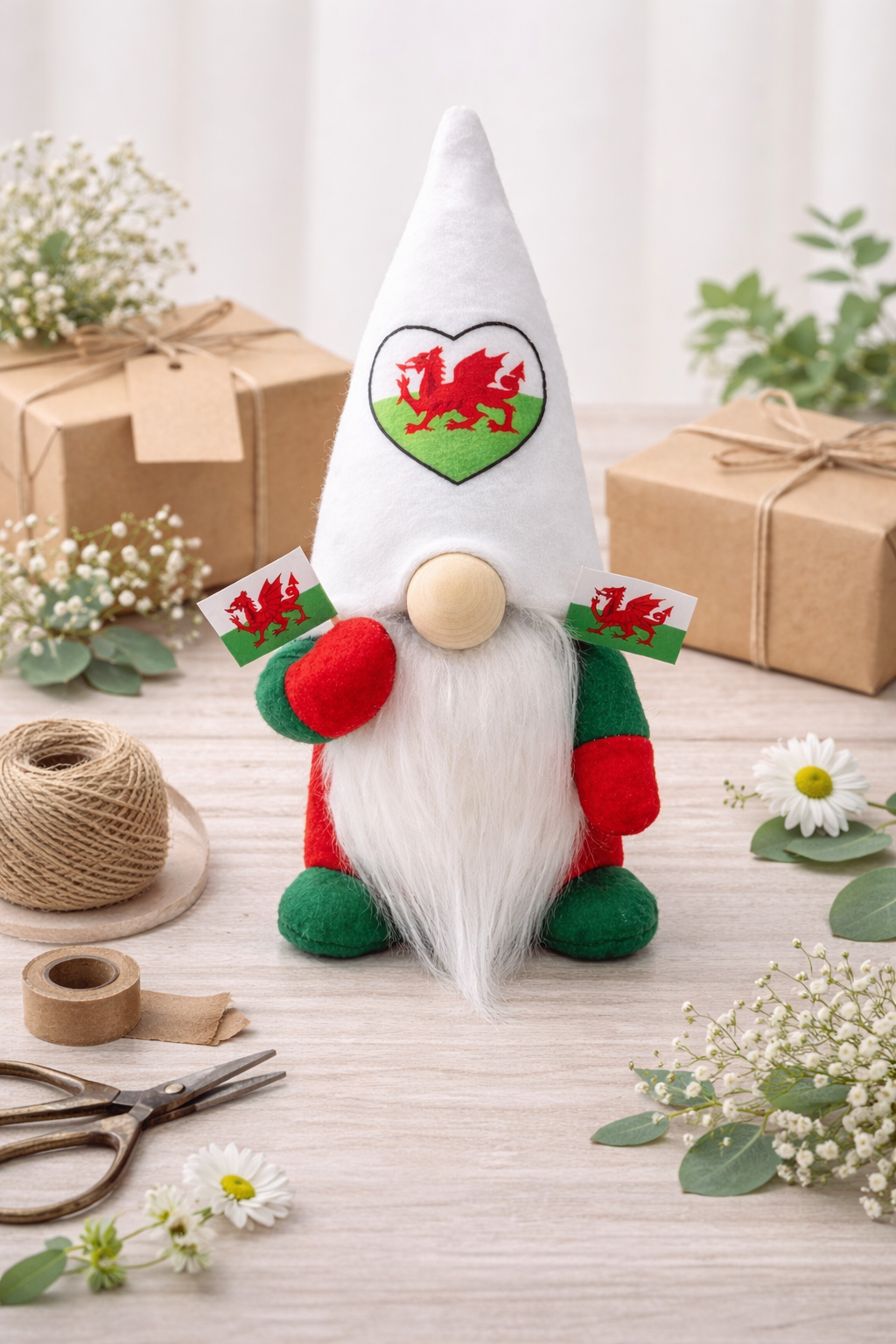 Welsh Gonk with flags and Welsh heart Hat, Nordic Gnome, Swedish Tomte
