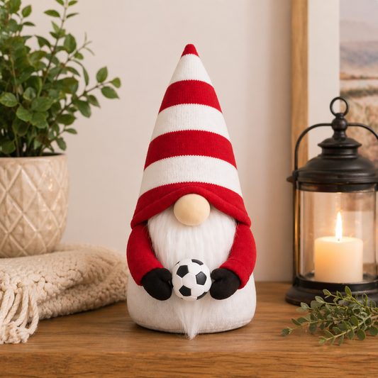 Football Red & White Stripe Gonk – Handmade 9” Free Standing Football Gnome Decoration | Forever Gnomes UK