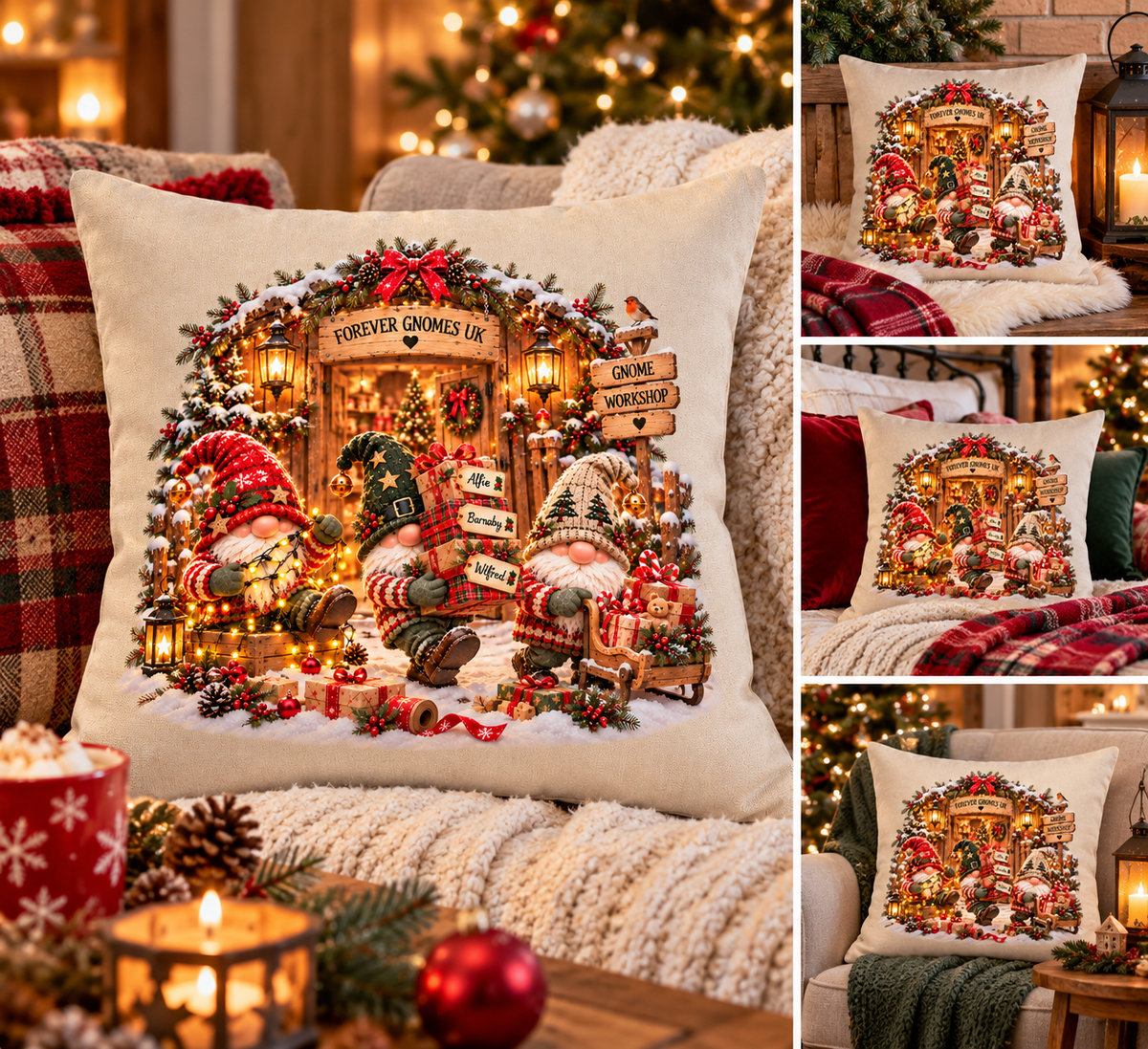 Workshop Gnomes Christmas Cushion | Festive Gnome Cushion | Christmas Home Decor | Forever Gnomes UK
