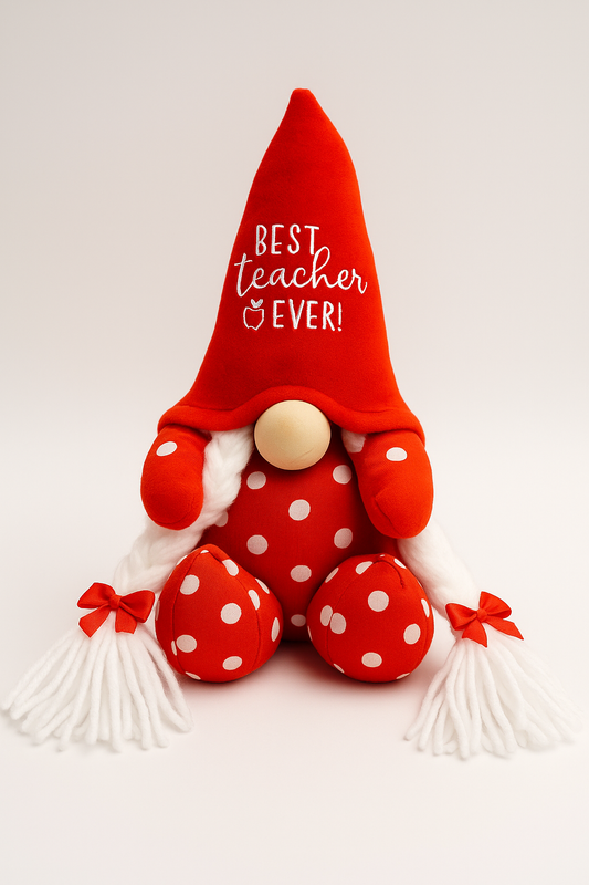 Mini Best Teacher Ever Polka Dot Red Sitting Gonk, Nordic, Gnome, Swedish Tomte
