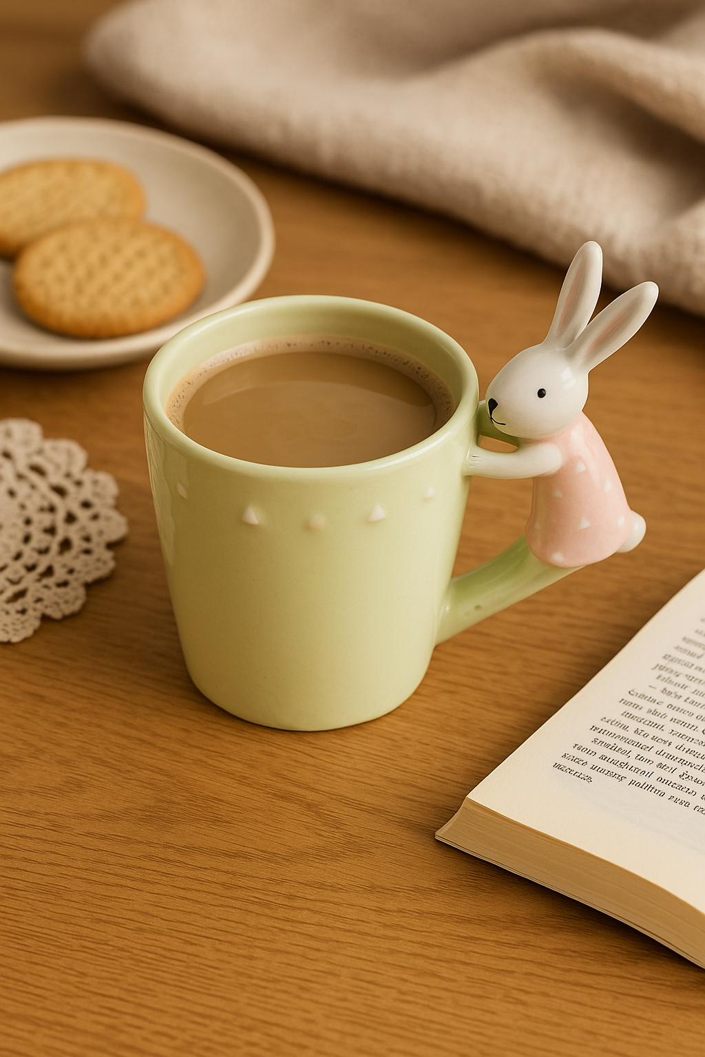 Green Ceramic Mug with Rabbit Handle, 13 x 15 x 9cm