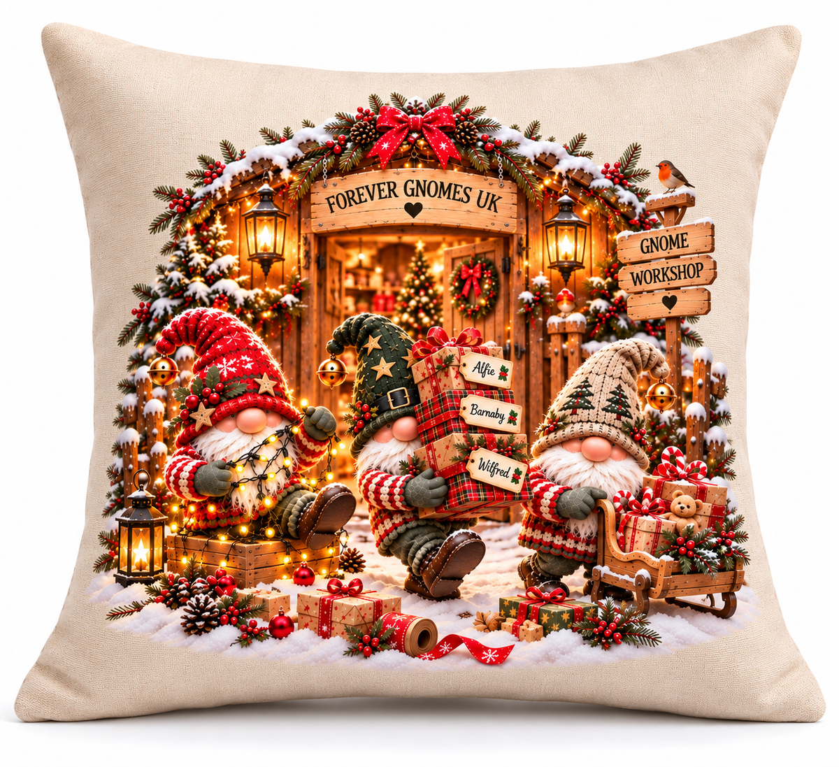 Workshop Gnomes Christmas Cushion | Festive Gnome Cushion | Christmas Home Decor | Forever Gnomes UK