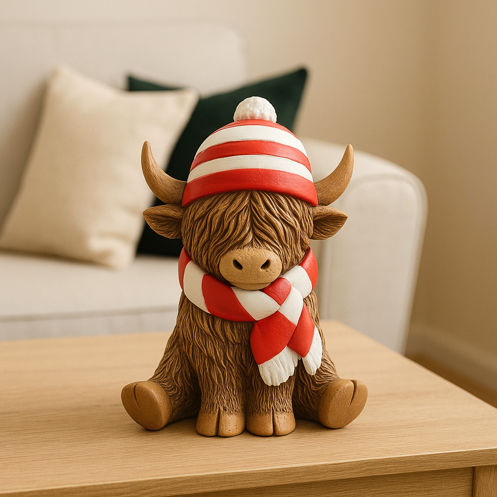 Highland Cow Ornament with Red and White Stripped Scarf and Hat