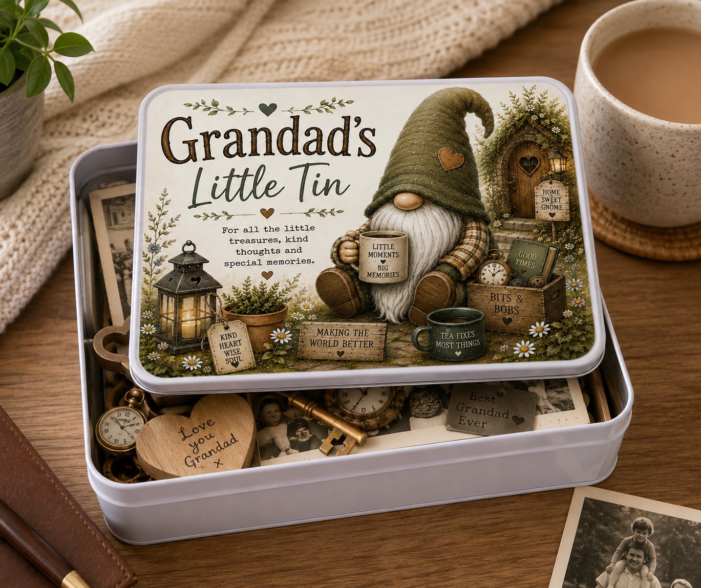 Grandad’s Little Tin – Keepsake Memory Tin | Rustic Gnome Storage Tin | Gift for Grandad | Bits & Bobs Metal Tin