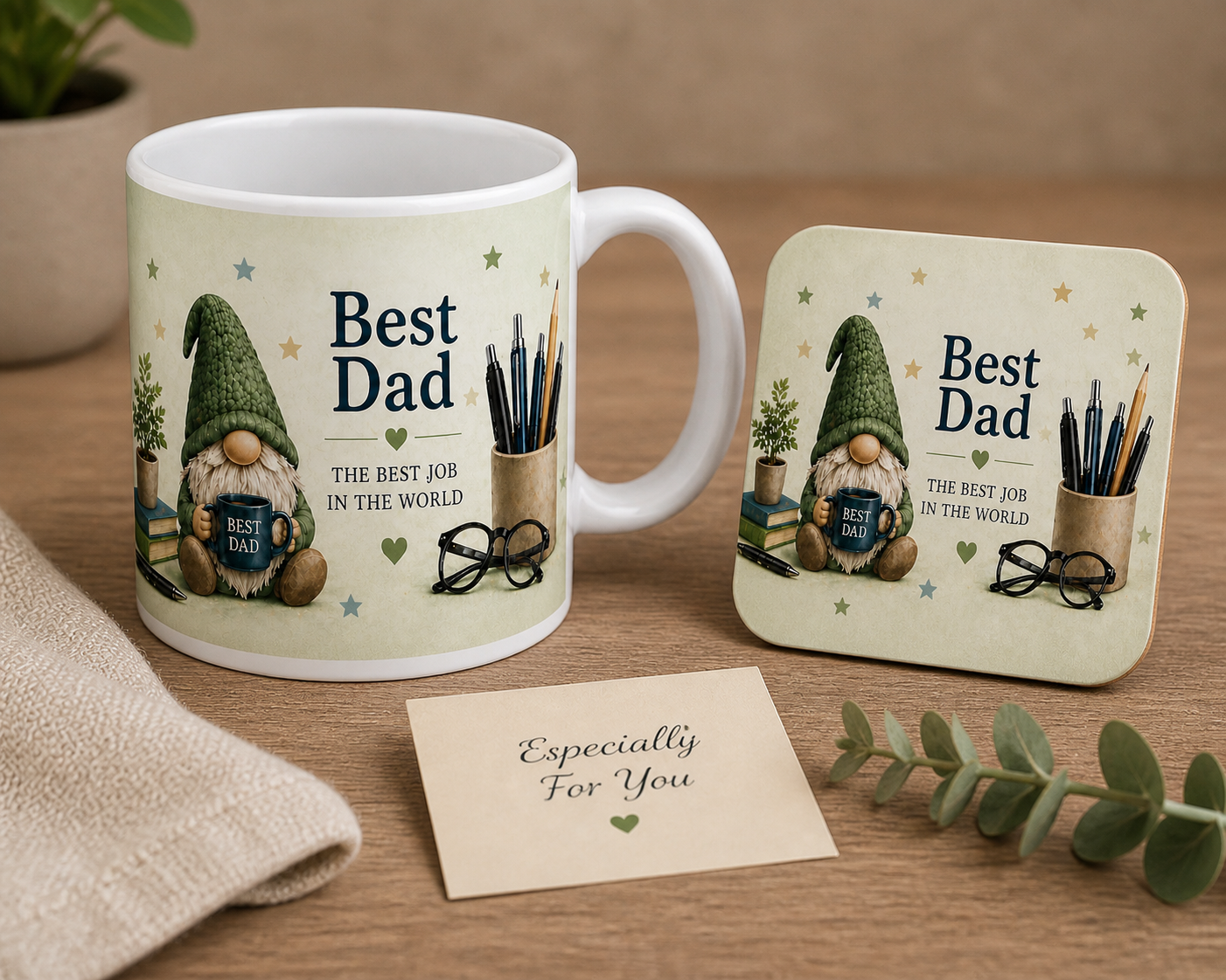 Best Dad Mug & Coaster Gift Set – Father’s Day Gift for Dad – Gonk Mug Set – Ceramic Mug & Coaster – Dad Gift Idea