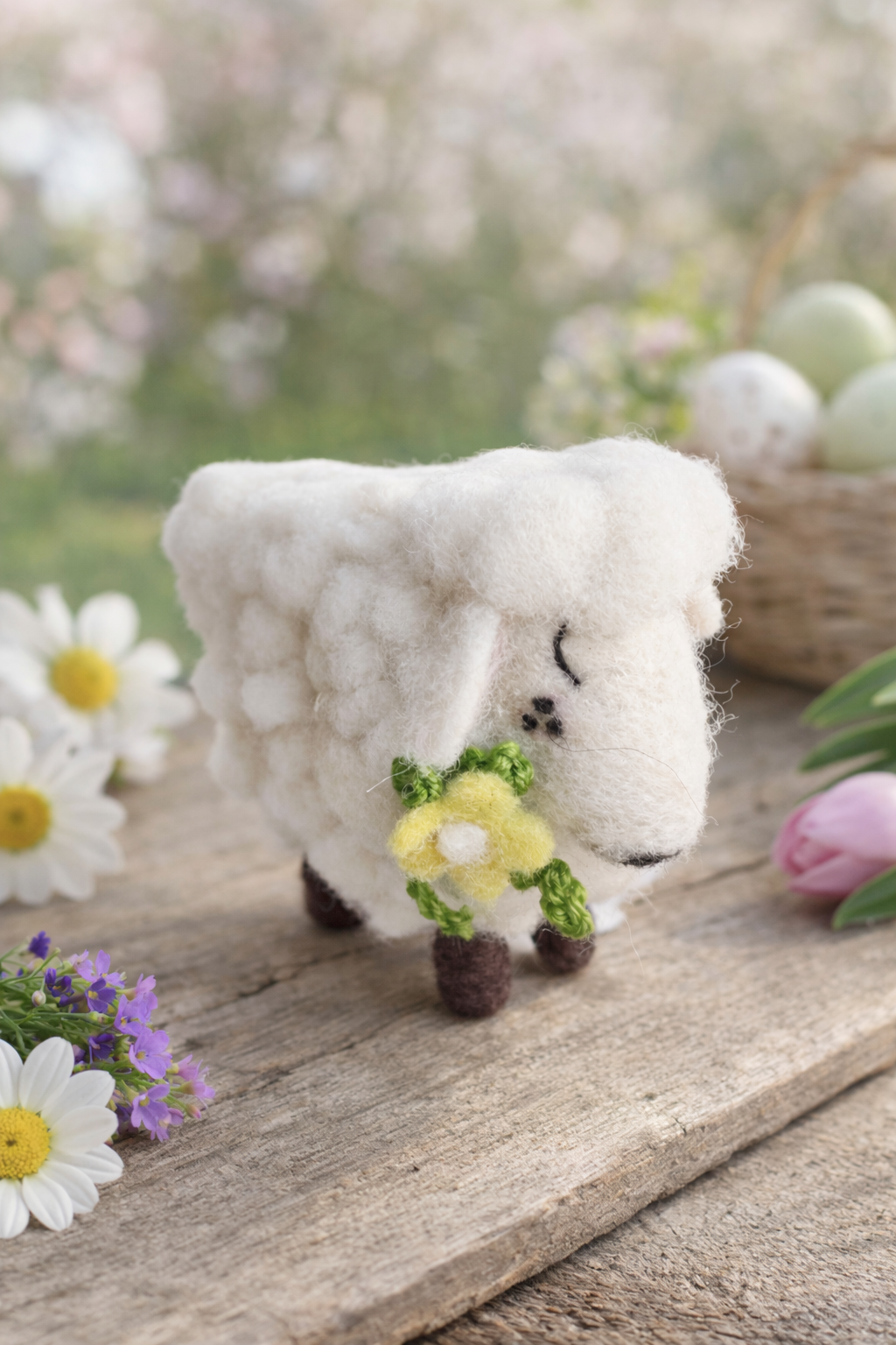 Wool Sheep with Spring Flower  H12cm x L15cm x D7.5cm