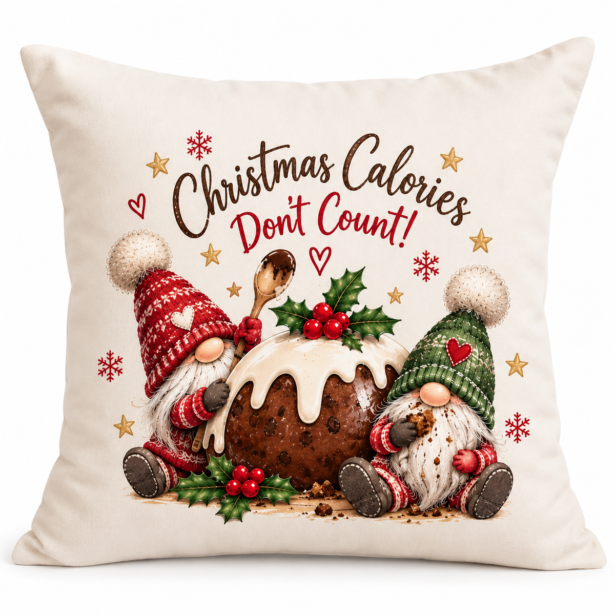 Christmas Calories Don’t Count Gnome Cushion | Christmas Pudding Cushion | Festive Velour Cushion | 40cm