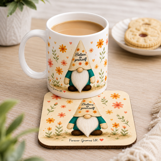 Believe In Yourself Mug & Coaster Gift Set | Floral Gonk Gift | Inspirational Coffee Mug Set | Forever Gnomes UK