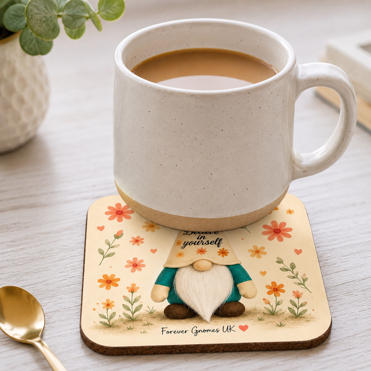 Believe In Yourself Ceramic Coaster | Floral Gonk Coaster | Inspirational Gift | Forever Gnomes UK