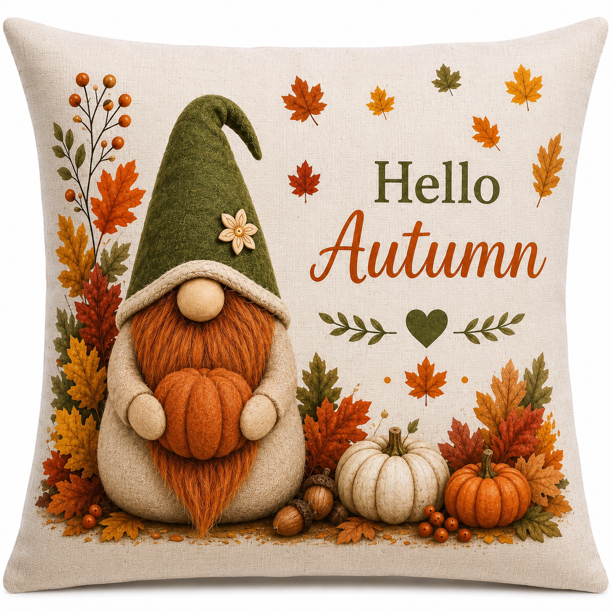 Hello Autumn Gnome Cushion | Linen Autumn Cushion | Forever Gnomes UK