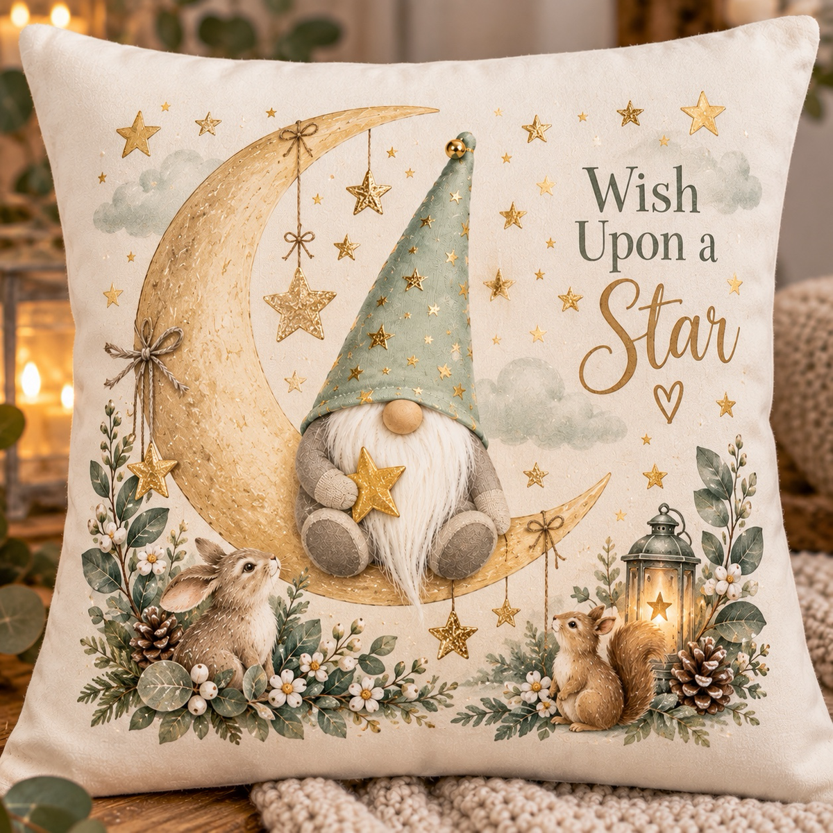 Wish Upon a Star Woodland Gnome Cushion – Soft Velour 40 x 40cm