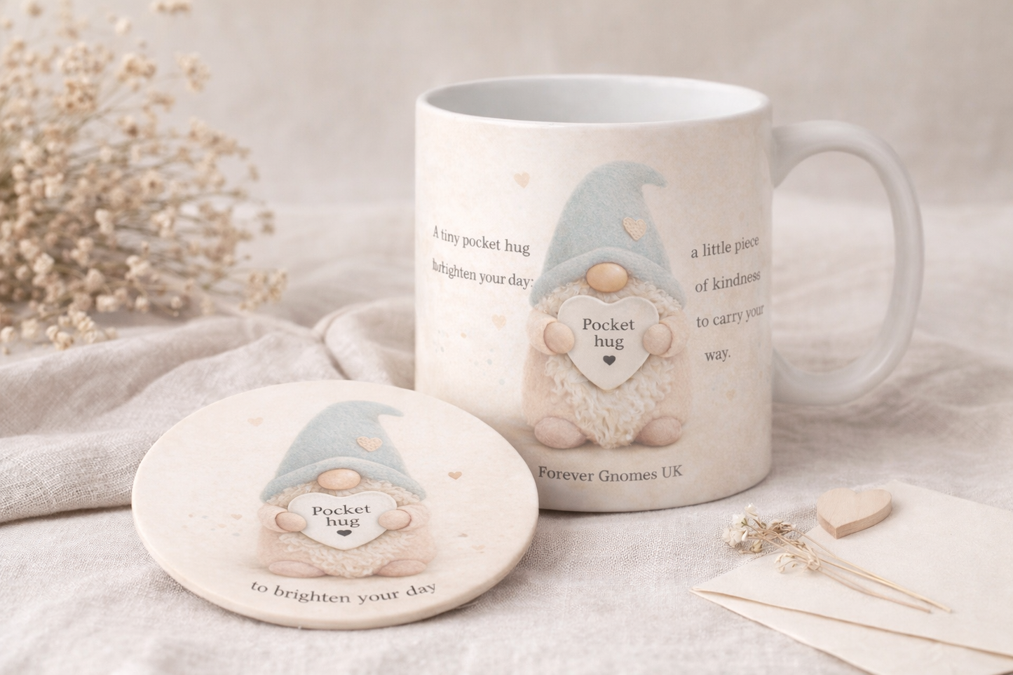 Pocket Hug Gift Set – Mug & Coaster | Thinking of You Gift | Comfort Gift | Friendship Gift | Forever Gnomes UK
