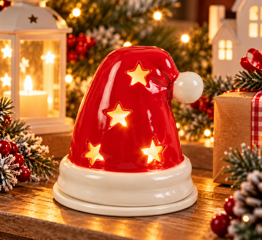 Ceramic Santa Hat Tealight Holder – Red Christmas Candle Holder with Star Cut Outs – Festive Christmas Decoration – Christmas Gift