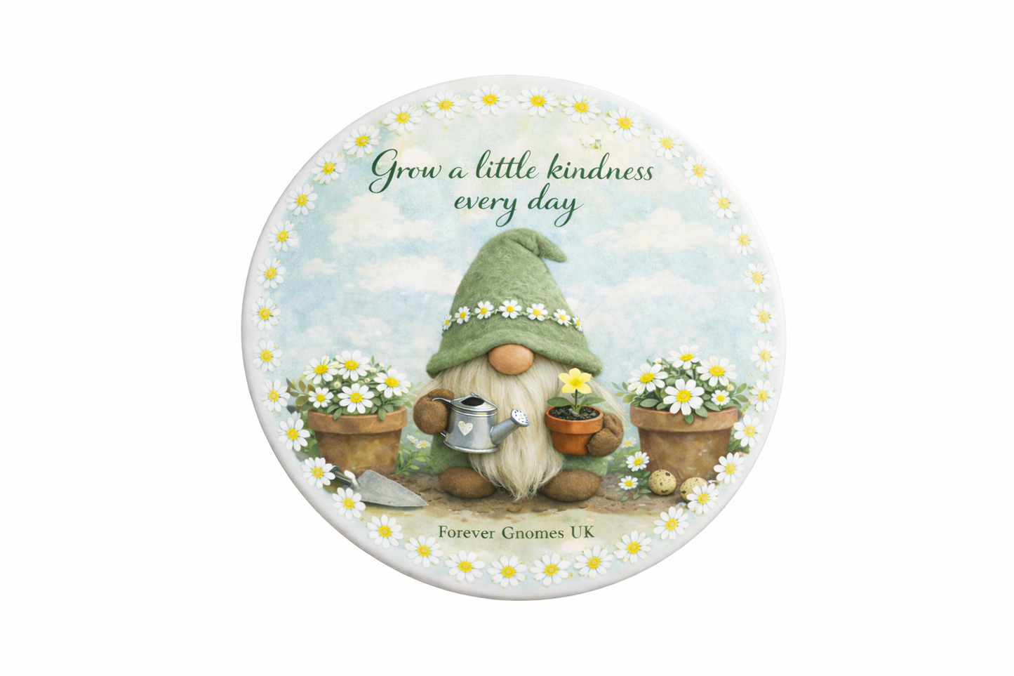 Grow a Little Kindness Every Day – Gnome Ceramic Coaster