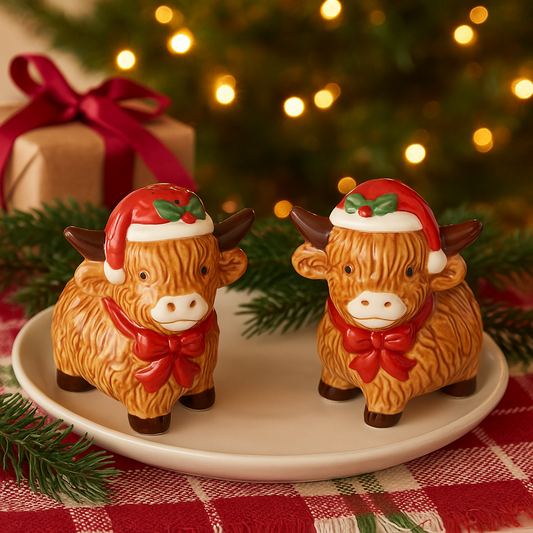 Highland Cow Christmas Salt and Pepper Set, 14cm